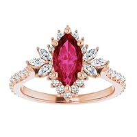 2 CT Dahlia Marquise Ruby Engagement Rings 14k Rose Gold, Blooming Flower Red Ruby Ring, Halo Marquise Ruby Diamond Ring, July Birthstone Ring