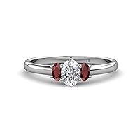 Center Lab Grown Diamond Oval Cut 7x5 mm & Side Red Garnet 1.40 ctw Trellis Three Stone Engagement Ring 14K Gold
