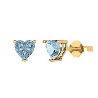 1.1ct Heart Cut Solitaire Genuine Swiss Blue Topaz Pair of Stud Designer Earrings Solid 14k Yellow Gold Butterfly Push Back