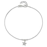 Sterling Silver Box CZ Star and Beads 9in Plus 1in Ext. Anklet 10 Inches x 10 mm