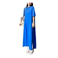 Summer Korea Cotton Woman Dress Loose Plus Size Polo Collar Short Sleeve Long Robe