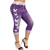 Women's Plus Size Butterfly Print Denim Capri Pants Faux Mid Waisted Leggings Skinny Flower Embroidery Jeggings