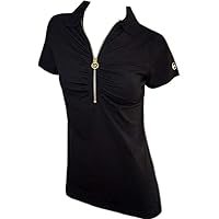 Michael Kors Womens Short Sleeve Shirt Gold Zipper MK Logo Navy Blue