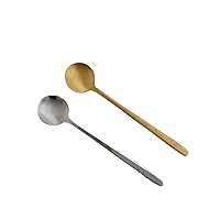 Small Spoons Simple Basic Type Stainless Steel Golden Small Round Spoon Long Handle Basic Type Mixing Coffee Jam Milk (Color : Gold)