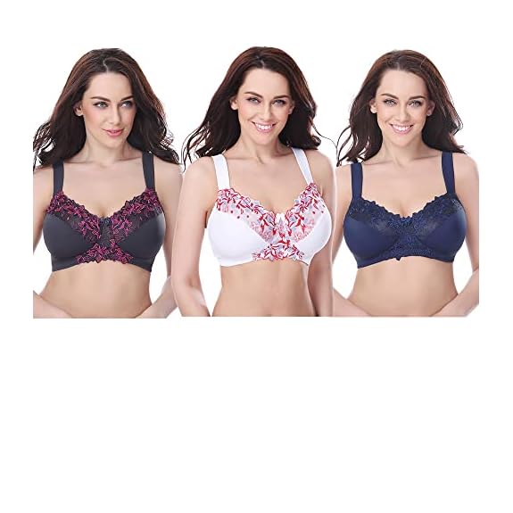 Curve Muse Plus Size Minimizer Unlined Wirefree Bra with Lace  Embroidery-3Pack