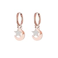 CALOZITO Star & Moon Earrings for Women Stainless Steel Small Circle Ear Hoops Earrings Mosaic Cubic Zircon Pendant Jewelry Wedding Gift (rose gold)