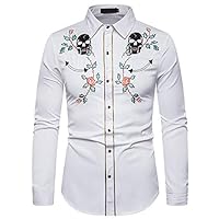 Mens Slim Fit Western Cowboy Shirt Embroidered Long Sleeve Cotton Casual Button Up Shirt Regular Fit Business Tops