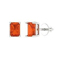 2.0 ct Brilliant Emerald Cut Solitaire VVS1 Red Simulated Diamond Pair of Stud Earrings Solid 18K White Gold Screw Back