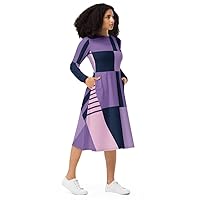 Purple Black Stripe Print All-Over Print Long Sleeve midi Dress