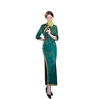 Spring Autumn 3/4 Sleeve Cheongsam Long Chinese Women's Dress Qipao with High Split