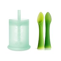 Olababy 100% Silicone Training Cup with Straw Lid (Mint) and Training Spoon Set Bundle