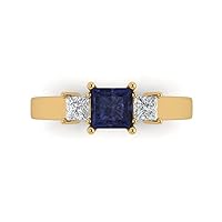 0.92ct Princess cut 3 stone Solitaire with Accent Simulated Blue Sapphire designer Statement Ring Solid 14k Yellow Gold