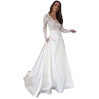 Women's Lace Long Sleeves A Line Wedding Dress V Neck Satin Bridal Gowns with Pockets