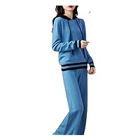 Autumn Winter 100% Cashmere Hoodie 2 Piece Women Hooded Knitted Long-Sleeved Sweater Wool Wide-Leg Pants Suit