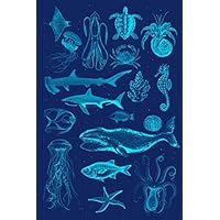 Marine Notebook: Marine Biology Cephalopod Crustacean Seahorse Starfish Jellyfish Shark Coral Science Illustration Notebook/Journal for Creative Writing with Lined Cream Paper, (130 pages, 6 x 9)