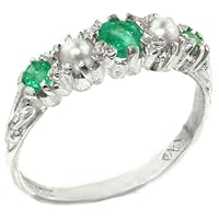 925 Sterling Silver Natural Emerald and Cultured Pearl Womens Band Ring - Sizes 4 to 12 Available
