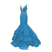 Sexy Deep V Neck Mermaid Organza Prom Evening Formal Dresses with Crystal Ribbon Long
