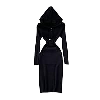 Vintage Slim Hooded Bodycon Knitted Sweater Short Dress Autumn Winter Party Sheath Pocket Dress