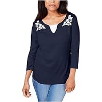 Karen Scott Womens Navy Printed 3/4 Sleeve Jewel Neck Evening T-Shirt Petites PS