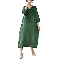 Summer Arts Style Women Sleeve Loose V-Neck Casual Long Dress Embroidery Cotton Linen Dresses