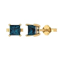 1.1ct Princess Cut Solitaire Earrings Natural Royal Blue Topaz Anniversary Stud Earrings 14k Yellow Gold Push Back