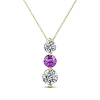 Round Amethyst Diamond 7/8 ctw Graduated Three Stone Drop Pendant 16 Inches Chain 14K Gold