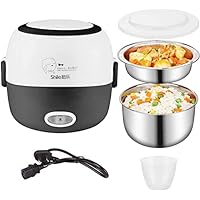 Electric Lunch Box- 110V 200W Removable Stainless Steel Food Heating Rice Cooker - with Bowl, Plate, Measuring Cup (Black)