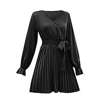 Women's Summer Dresses Casual Fashion Ladies Solid Color V Neck Long Sleeve Skirt Pleated Tie Dress(Black,Large)