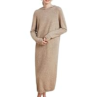 Womens 100% Cashmere Sweater Long Dresses Long Sleeve Solid Color Hooded Pullover Knitted Dresses
