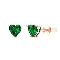 1.0 ct Heart Cut Solitaire Simulated Emerald Pair of Stud Everyday Earrings Solid 18K Pink Rose Gold Butterfly Push Back