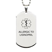 Medical Alert Silver Dog Tag, Allergic to Lisinopril Awareness, SOS Emergency Health Life Alert ID Engraved Stainless Steel Chain Necklace For Men Women Kids