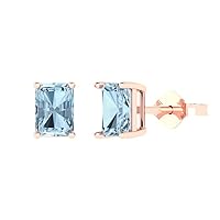 1.0 ct Emerald Cut Solitaire VVS1 Natural Aquamarine Pair of Stud Earrings Solid 18K Pink Rose Gold Butterfly Push Back