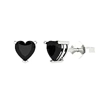 1.0 ct Heart Cut Solitaire Genuine Natural Black Onyx Pair of Designer Stud Earrings Solid 14k White Gold Butterfly Push Back