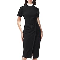 BLESSUME Catholic Church Women Clergy Stand Collar Dress Black Short Sleeve Mass Dress (Small, Black)