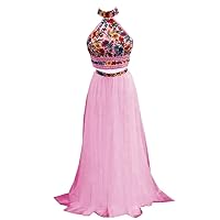 High Neck Halter Long Prom Homecoming Dresses 2 Two Piece Coloful Flower Embroidered Aline