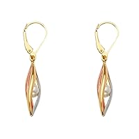 14k Yellow Gold White Gold and Rose Gold Tear Drop Type Earrings With Pearl 7x38mm Jewelry for Women