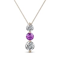 Round Amethyst Diamond 7/8 ctw Graduated Three Stone Drop Pendant 16 Inches Chain 14K Gold