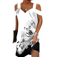 Women's Boho Floral Print Cold Shoulder Knee Length Dresses Summer Beach Vacation Casual Loose Shift Tunic Dress,Style18,3XL
