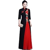 Large Size Elegant Improve Cheongsam Dress Ethnic Style Women Embroidered Evening Mother Long