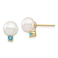 14k Gold 7 7.5mm White Round Fw Cultured Pearl Swiss Blue Topaz Post Earrings Measures 9.8mm long Jewelry for Women