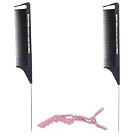 Rat Tail Comb 2pc Hook Pin Tail Carbon Comb Anti-static Heat Resistant Fine-Tooth Parting Styling Loc Comb & an Alligator Hair Clip (4mm Thickness)