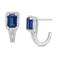 0.70 CT Emerald Cut Blue Sapphire & Diamond Stud Earrings 14k White Gold Finish