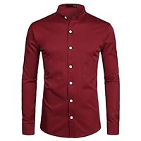Red Slim Fit Dress Shirts Men Banded Collar Long Sleeve Chemise Homme Casual Button Down Shirt for Busienss Men