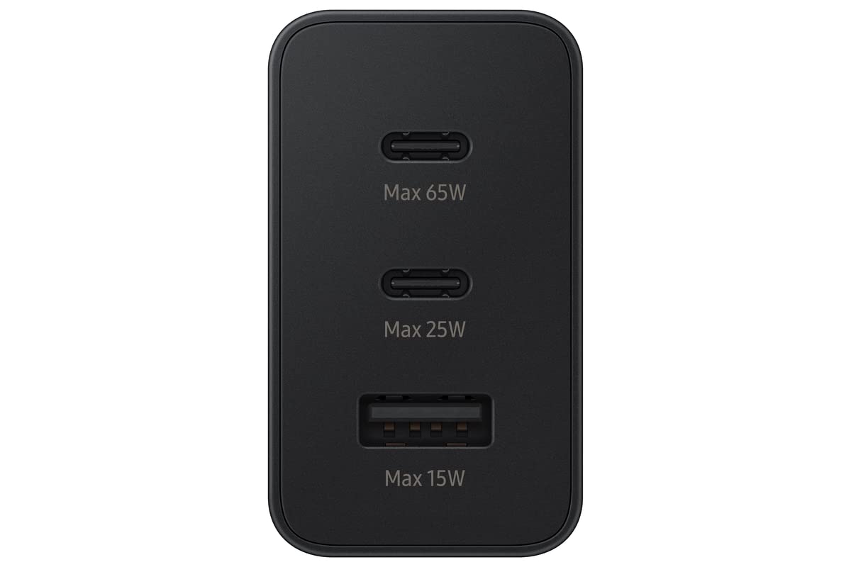 Samsung 65W 3-Port Super Fast Charging Wall Charger, 1x USB-C 65W, 1x USB-C 25W, 1x USB-A 25W, Max capacity 65W (Cable not included), Black, US version
