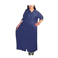 Women's Long Kurti Indian Cotton Ethnic Frock Suit Solid Bohemian Top Dark Blue Maxi Gown Tunic Dress Plus Size