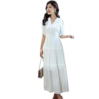 Women's Dress Spring Hollow Button V Neck Lantern Sleeve White Long Dresses Casual Holiday Vestidos