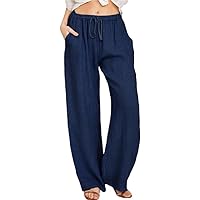 Andongnywell Women's Cotton and Linen Casual Pants Big feet Flared Drawstring Pocket Solid Color Wide Leg Pants