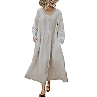Womens Cotton Linen Loose Maxi Dress Casual Flowing Hem Pleated Long Sleeve Large Size Crewneck Dress with Pockets