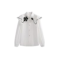 White Shirt Women Long Sleeve Collar Single Blouse Ladies Elegant Floral Casual Top