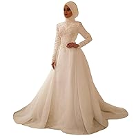 Muslim Arabic Lace Train High Neck Long Sleeves A-Line Wedding Dresses for Bride Bridal Ball Gowns